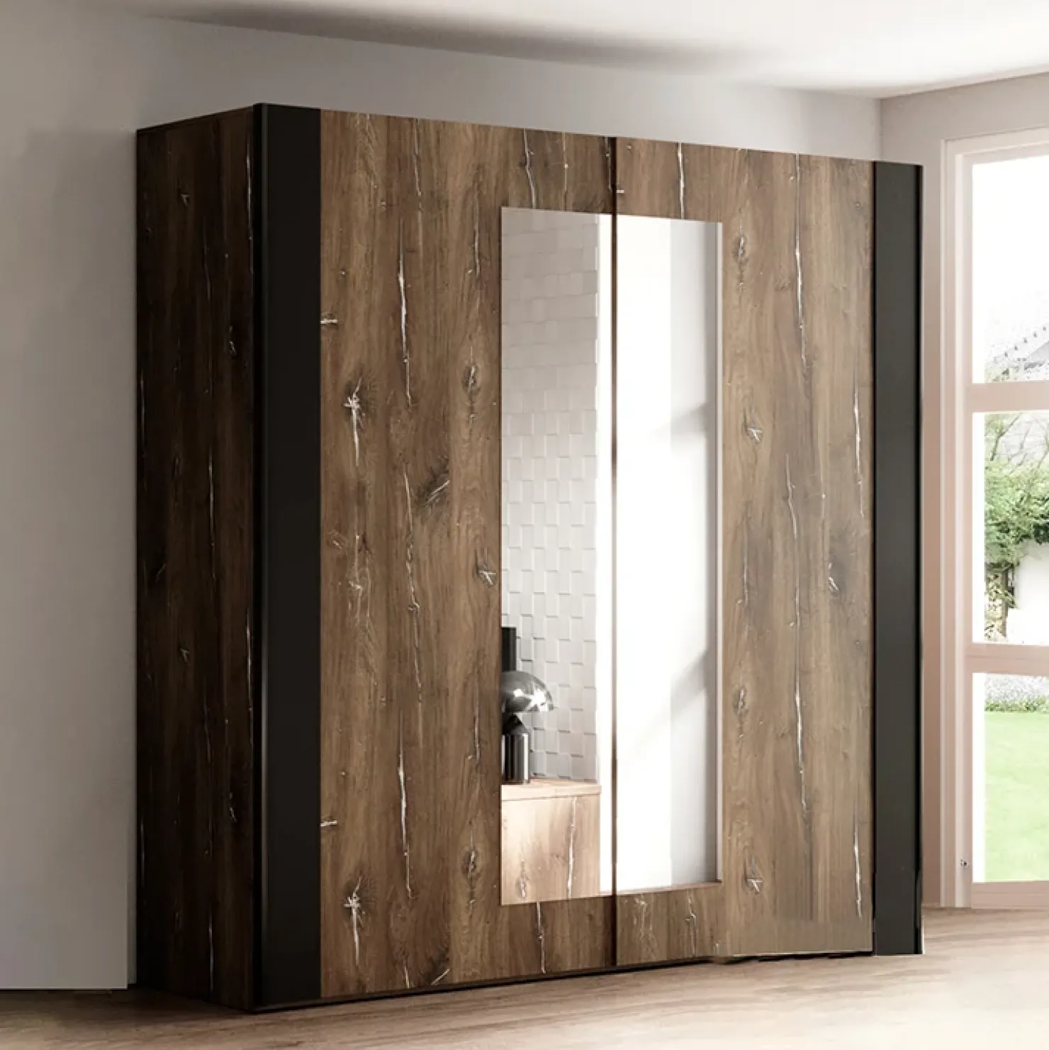 Garnero Arredamenti Armadio 200x213h cm 2 ante scorrevoli rovere scuro nero Vulcano Rovere Rustico Online