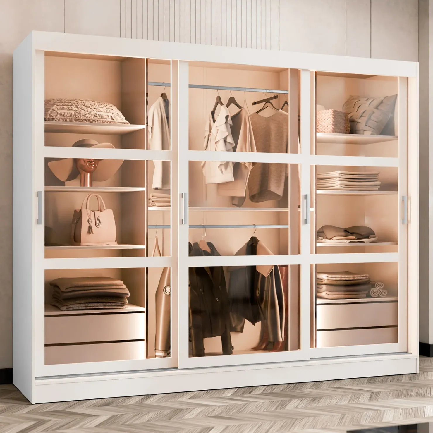 Garnero Arredamenti Armadio 250x203h cm 3 ante scorrevoli vetrate 4 cassetti con illuminazione a LED Nivora Bianco Opaco Discount