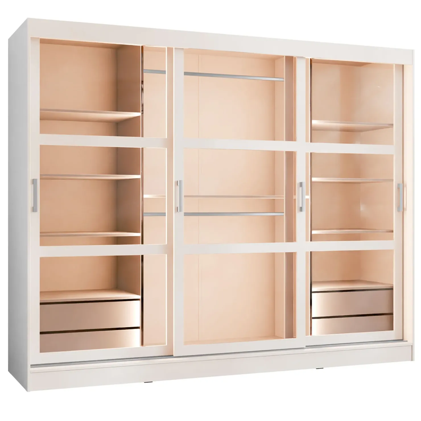 Garnero Arredamenti Armadio 250x203h cm 3 ante scorrevoli vetrate 4 cassetti con illuminazione a LED Nivora Bianco Opaco Discount