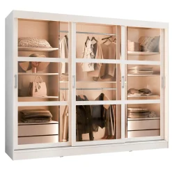 Garnero Arredamenti Armadio 250x203h cm 3 ante scorrevoli vetrate 4 cassetti con illuminazione a LED Nivora Bianco Opaco Discount