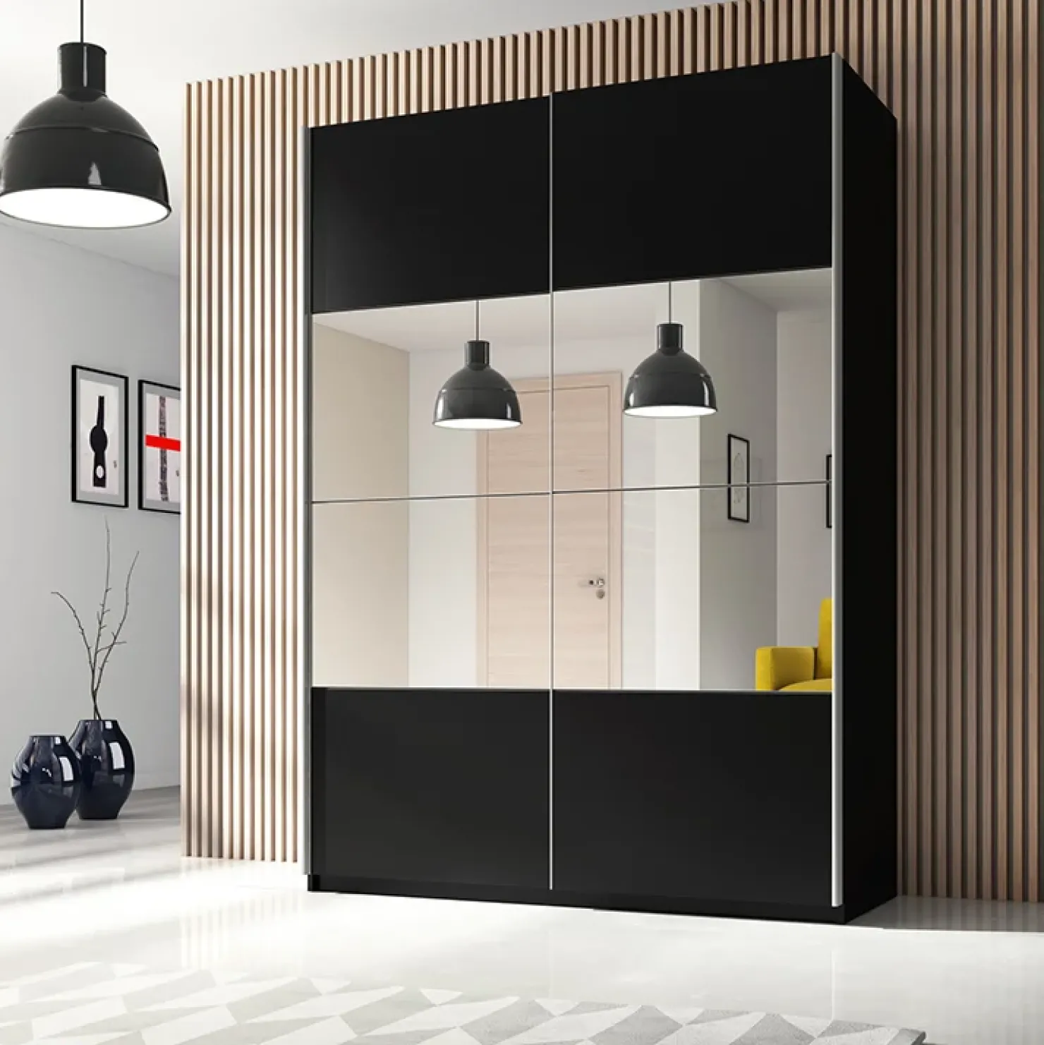 Garnero Arredamenti Armadio 120x210h cm 2 ante scorrevoli con specchio nero Pascal Gihome® Nero Opaco