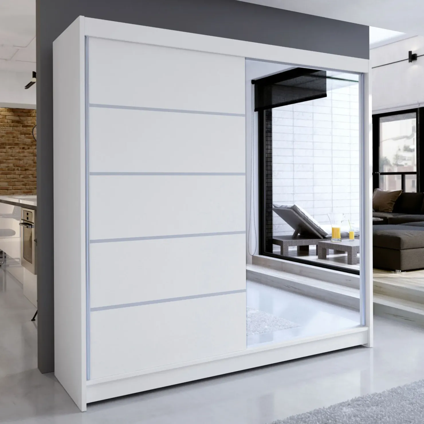 Garnero Arredamenti Armadio 180x215h cm 2 ante scorrevoli con specchio laterale bianco opaco Karl Clearance