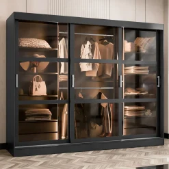 Garnero Arredamenti Armadio 250x203h cm 3 ante scorrevoli vetrate 4 cassetti con illuminazione a LED Nivora Nero Opaco New