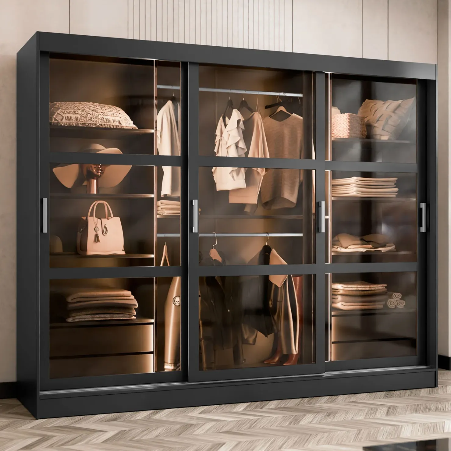 Garnero Arredamenti Armadio 250x203h cm 3 ante scorrevoli vetrate 4 cassetti con illuminazione a LED Nivora Nero Opaco New