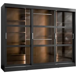 Garnero Arredamenti Armadio 250x203h cm 3 ante scorrevoli vetrate 4 cassetti con illuminazione a LED Nivora Nero Opaco New