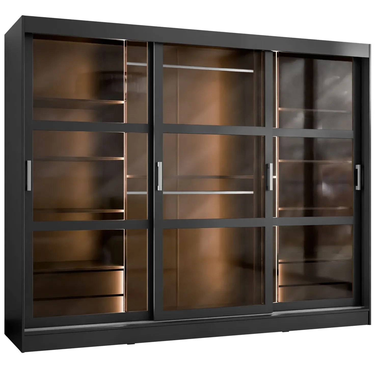 Garnero Arredamenti Armadio 250x203h cm 3 ante scorrevoli vetrate 4 cassetti con illuminazione a LED Nivora Nero Opaco New