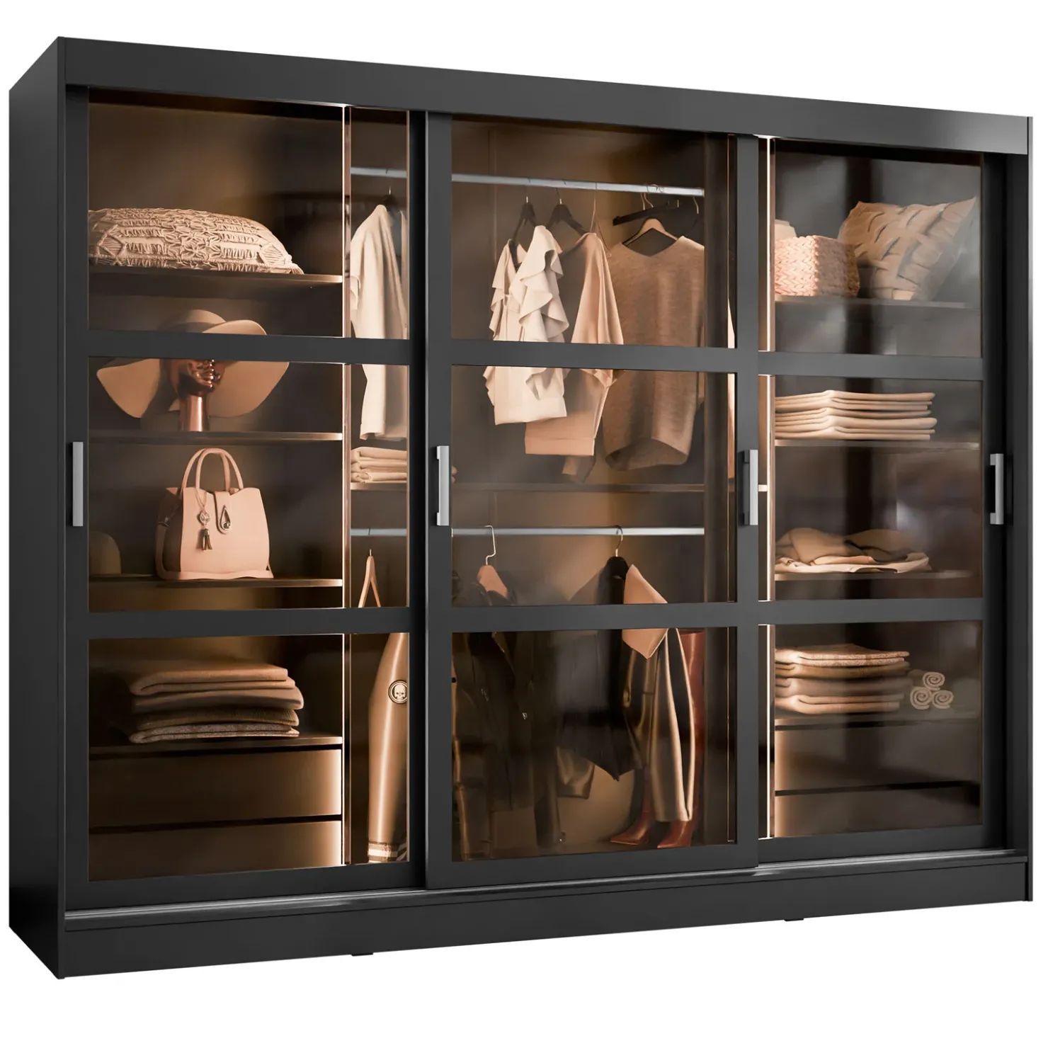 Garnero Arredamenti Armadio 250x203h cm 3 ante scorrevoli vetrate 4 cassetti con illuminazione a LED Nivora Nero Opaco New