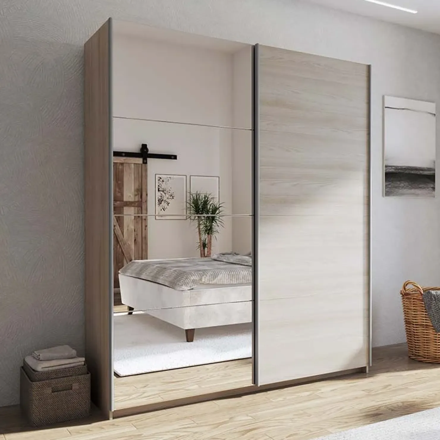 Garnero Arredamenti Armadio 180x219h cm 2 ante scorrevoli moderno chiaro specchio Caracas Rovere Clearance