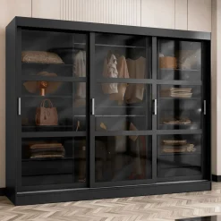 Garnero Arredamenti Armadio 250x203h cm 3 ante scorrevoli vetrate 4 cassetti Nivora Nero Opaco New