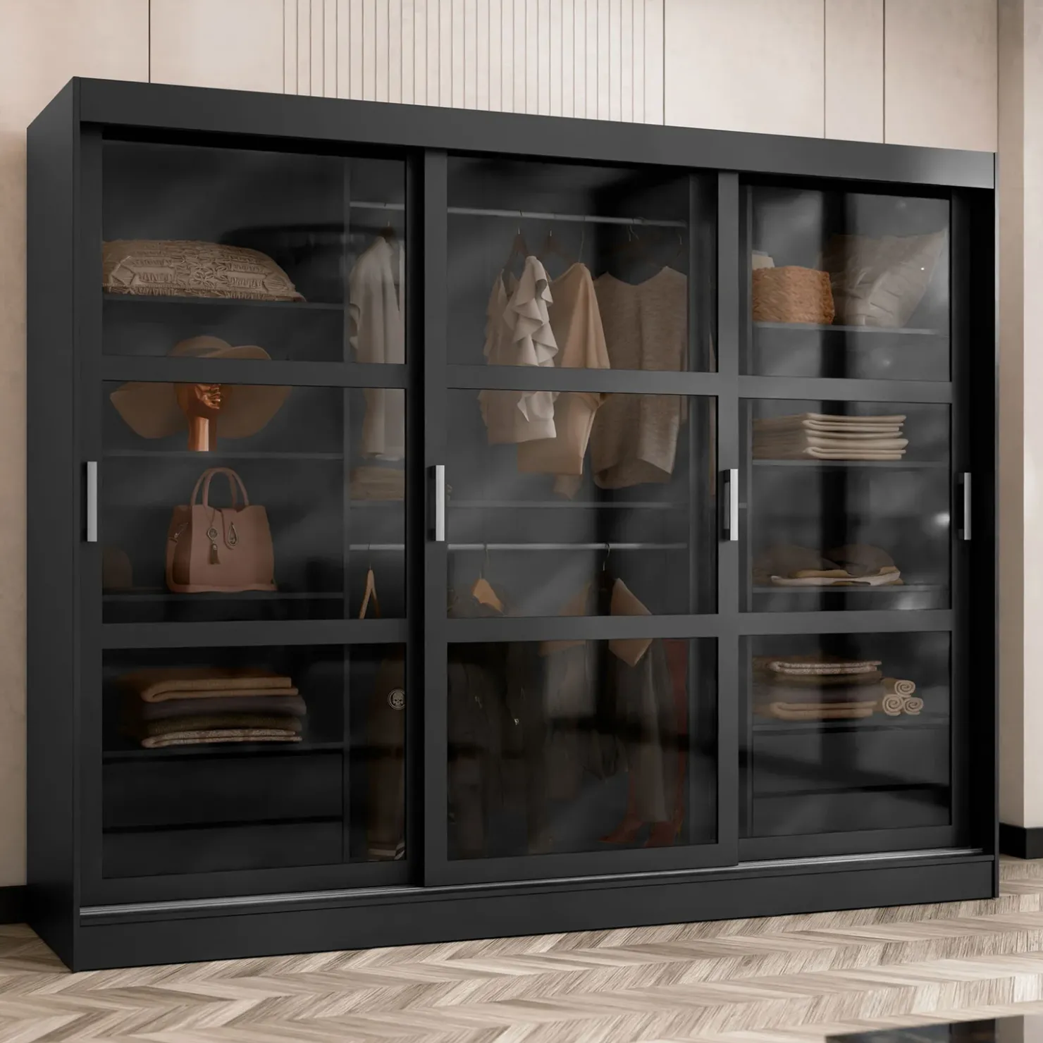 Garnero Arredamenti Armadio 250x203h cm 3 ante scorrevoli vetrate 4 cassetti Nivora Nero Opaco New