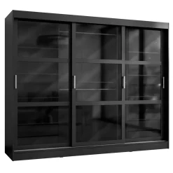 Garnero Arredamenti Armadio 250x203h cm 3 ante scorrevoli vetrate 4 cassetti Nivora Nero Opaco New