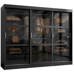 Garnero Arredamenti Armadio 250x203h cm 3 ante scorrevoli vetrate 4 cassetti Nivora Nero Opaco New