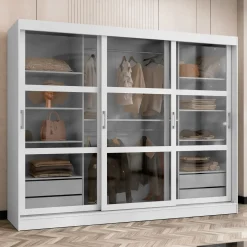 Garnero Arredamenti Armadio 250x203h cm 3 ante scorrevoli vetrate 4 cassetti Nivora Bianco Opaco Online