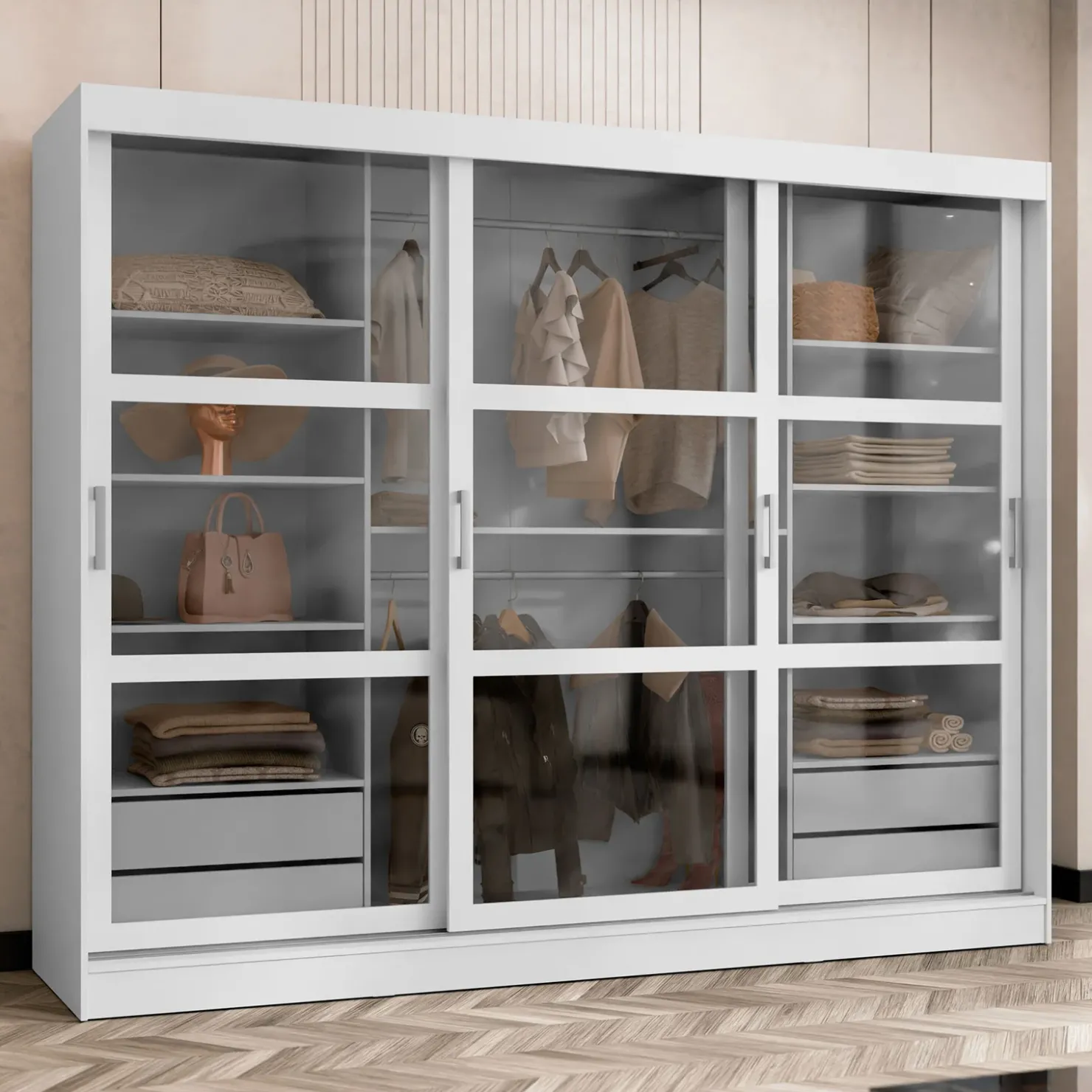 Garnero Arredamenti Armadio 250x203h cm 3 ante scorrevoli vetrate 4 cassetti Nivora Bianco Opaco Online