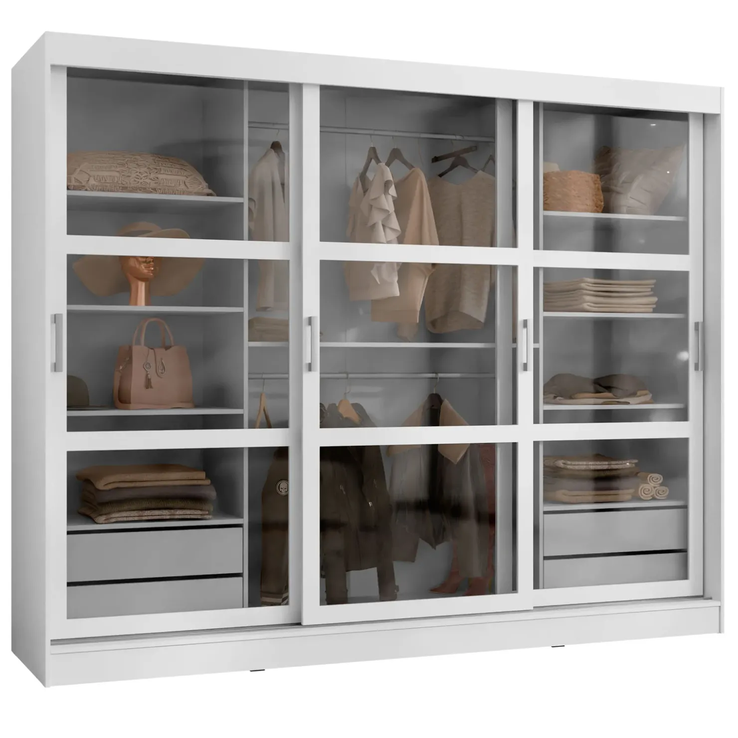 Garnero Arredamenti Armadio 250x203h cm 3 ante scorrevoli vetrate 4 cassetti Nivora Bianco Opaco Online