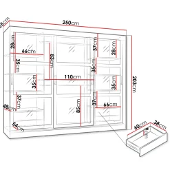 Garnero Arredamenti Armadio 250x203h cm 3 ante scorrevoli vetrate 4 cassetti Nivora Bianco Opaco Online