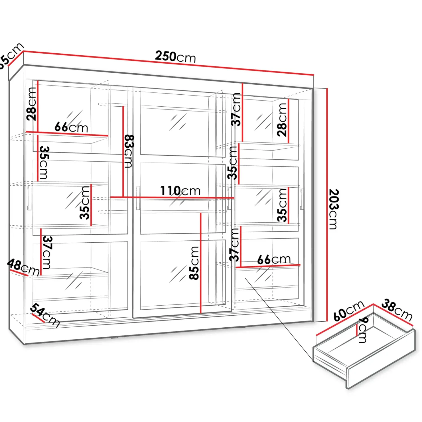 Garnero Arredamenti Armadio 250x203h cm 3 ante scorrevoli vetrate 4 cassetti Nivora Bianco Opaco Online