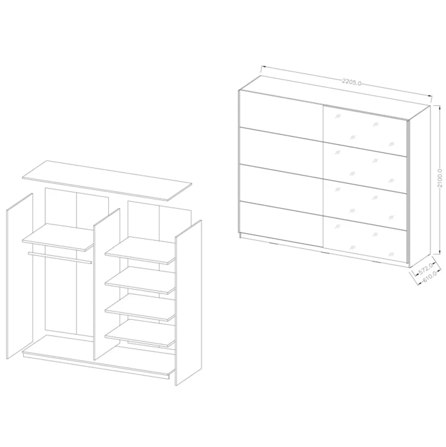 Garnero Arredamenti Armadio 221x210h cm 2 ante scorrevoli con specchio bianco Pascal Gihome® Bianco Opaco Sale