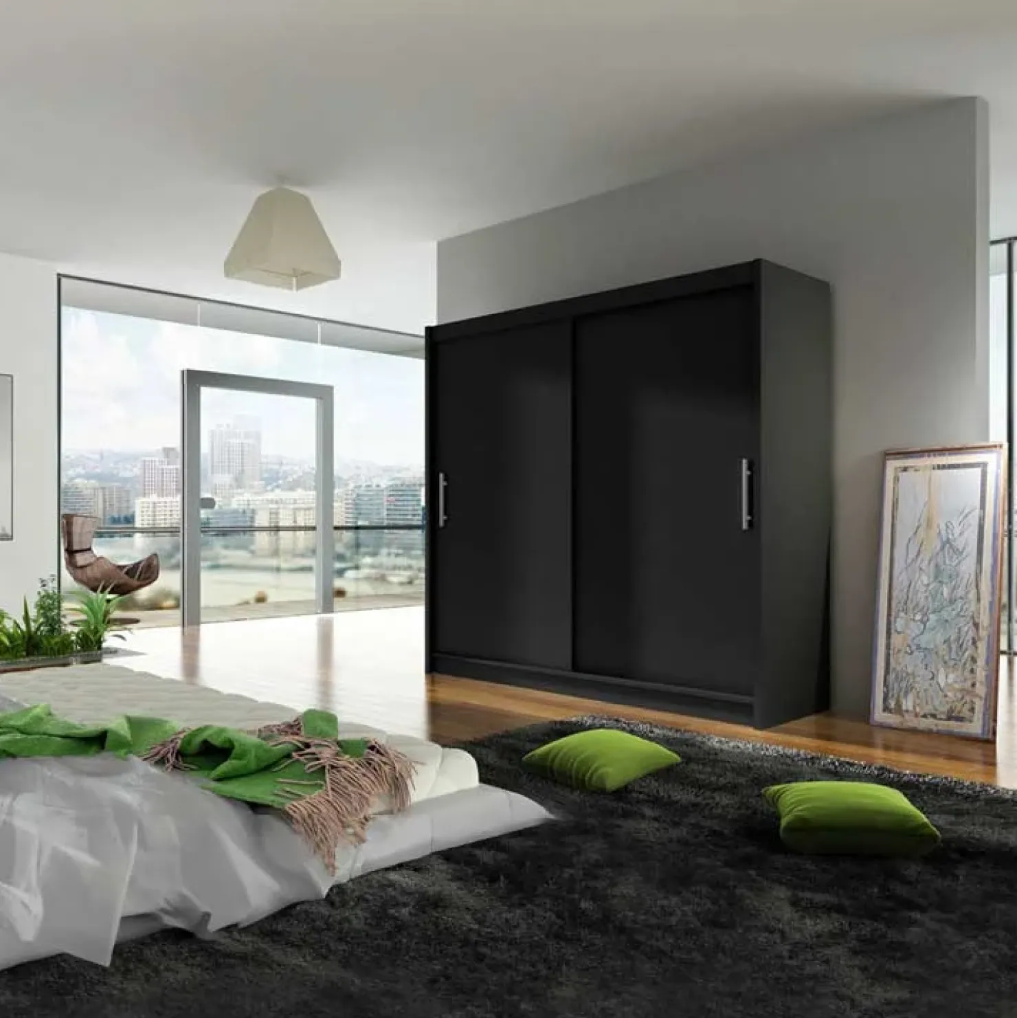 Garnero Arredamenti Armadio 180x215h cm 2 ante scorrevoli design moderno nero Aisha Nero Opaco New