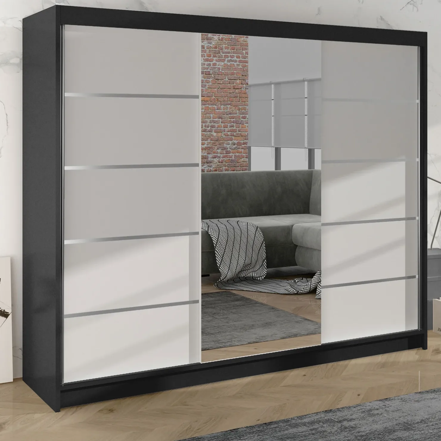 Garnero Arredamenti Armadio 200x215h cm 2 ante scorrevoli con specchio nero bianco opaco Silven Nero Opaco - Bianco opaco New