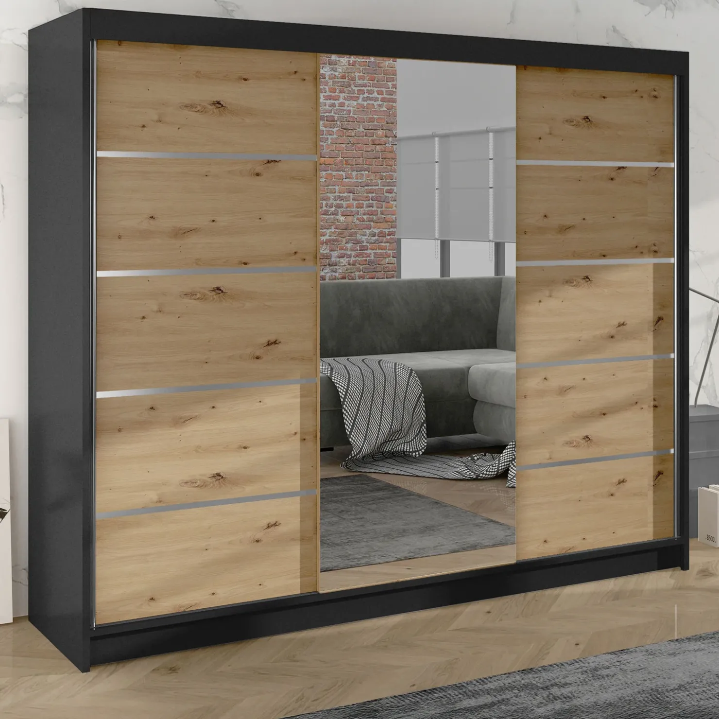 Garnero Arredamenti Armadio 200x215h cm 2 ante scorrevoli con specchio rovere nero opaco Silven Rovere - Nero opaco