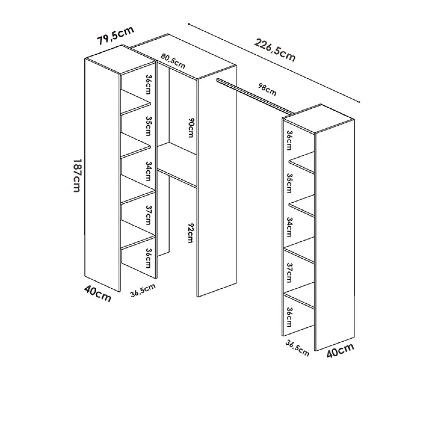Garnero Arredamenti Cabina armadio angolare 226x186h cm 3 scomparti con appendiabiti bianco Soler Best
