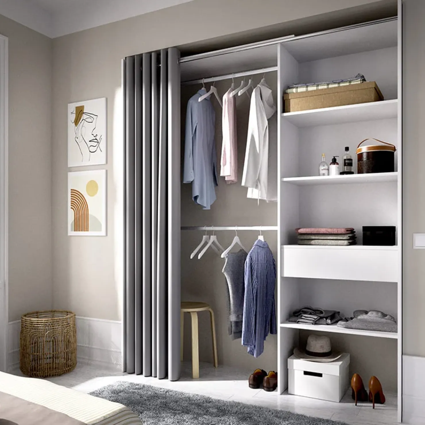 Garnero Arredamenti Cabina armadio 160x205h cm allungabile moderno aperto con tenda bianco Gover Bianco Opaco Outlet