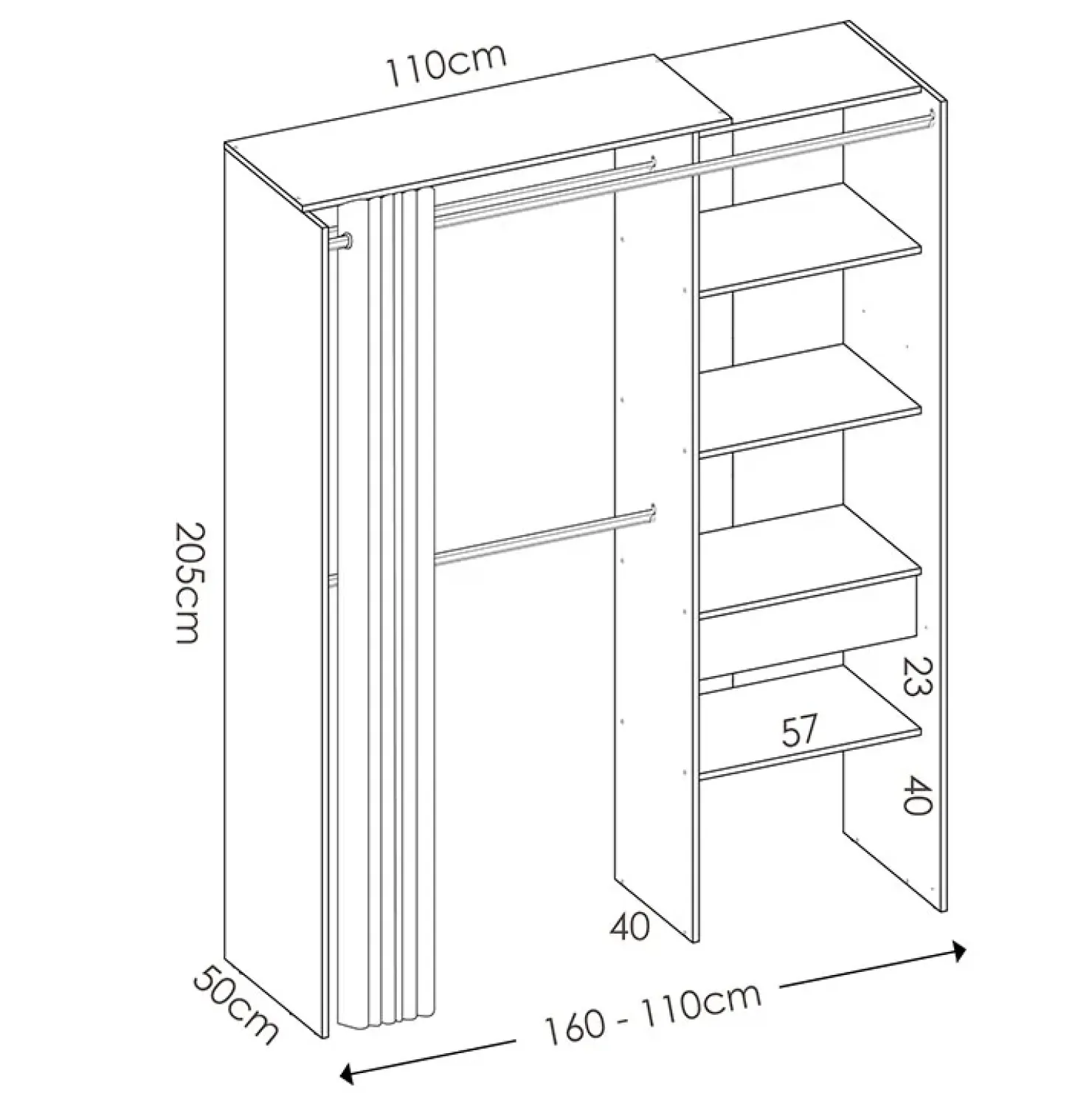 Garnero Arredamenti Cabina armadio 160x205h cm allungabile moderno aperto con tenda bianco Gover Bianco Opaco Outlet