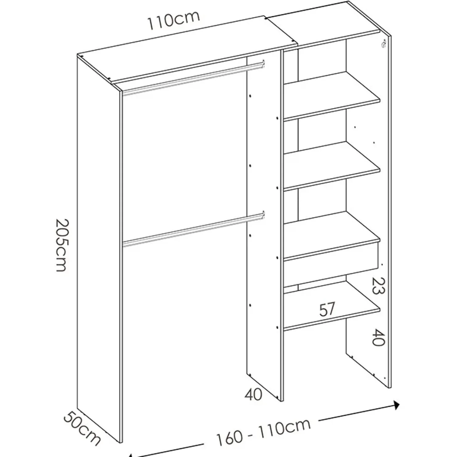 Garnero Arredamenti Cabina armadio 160x205h cm allungabile moderno aperto con tenda bianco Gover Bianco Opaco Outlet