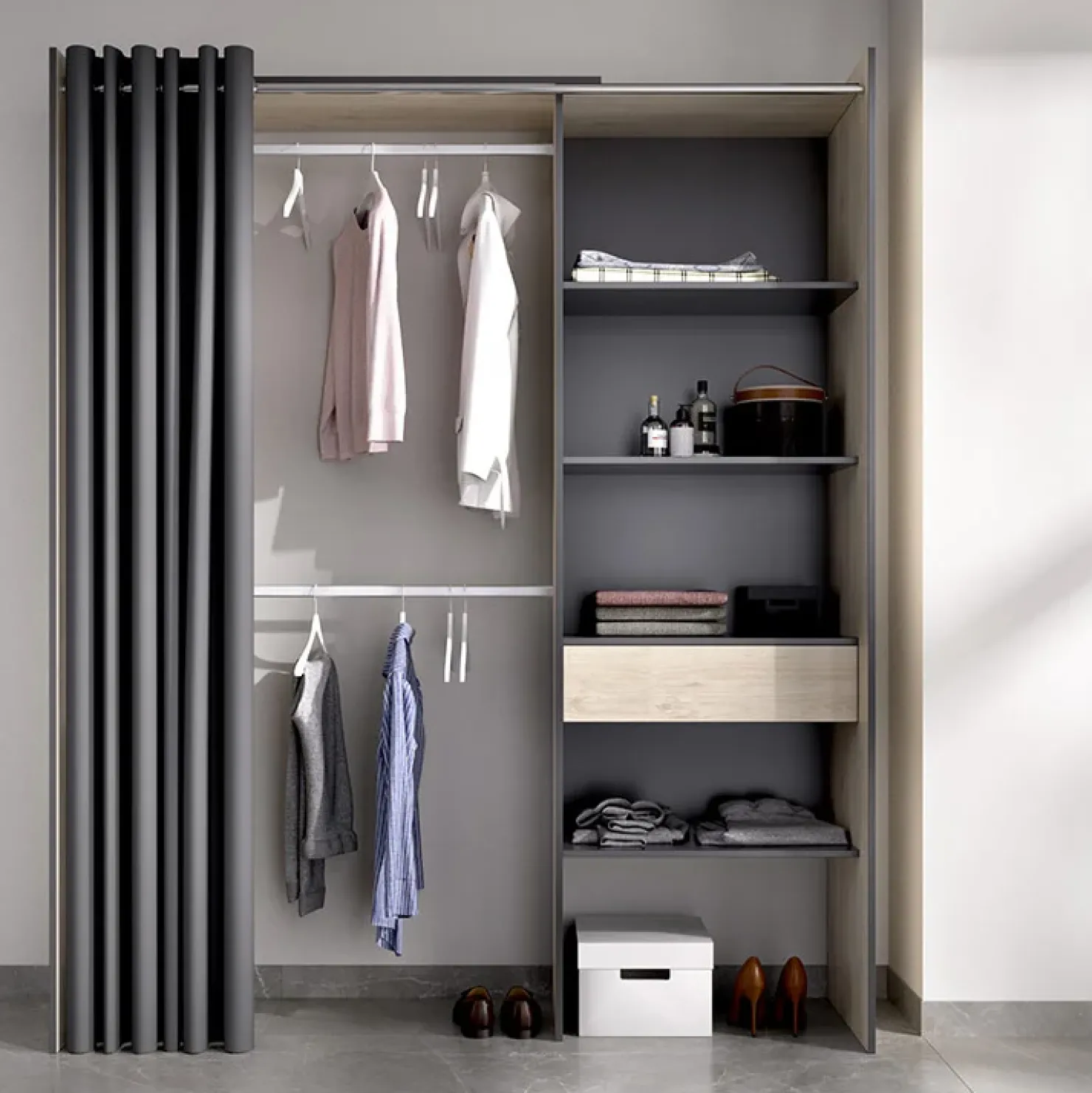 Garnero Arredamenti Cabina armadio 160x205h cm allungabile moderno con tenda rovere grafite Gover Rovere - Antracite Outlet