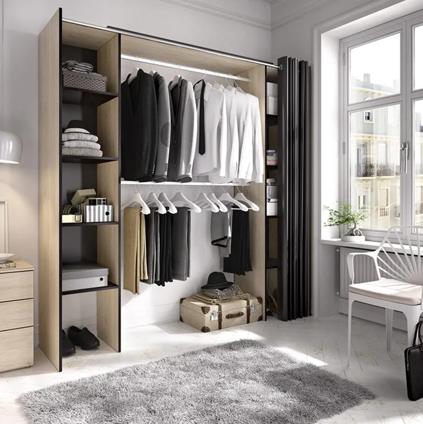 Garnero Arredamenti Cabina armadio 180x205h cm allungabile moderno aperto con tenda rovere grafite Simpli Rovere - Antracite Sale