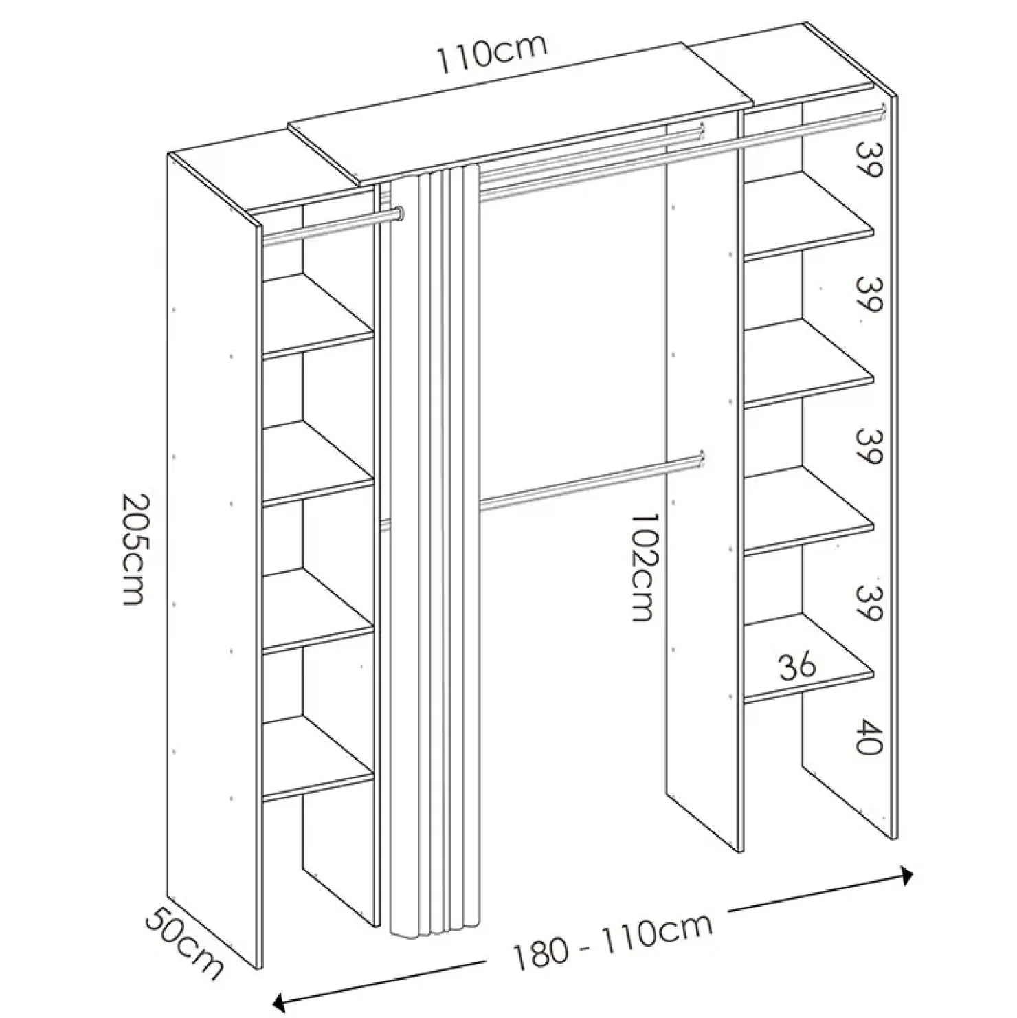Garnero Arredamenti Cabina armadio 180x205h cm allungabile moderno aperto con tenda bianco Simpli Bianco Opaco Best