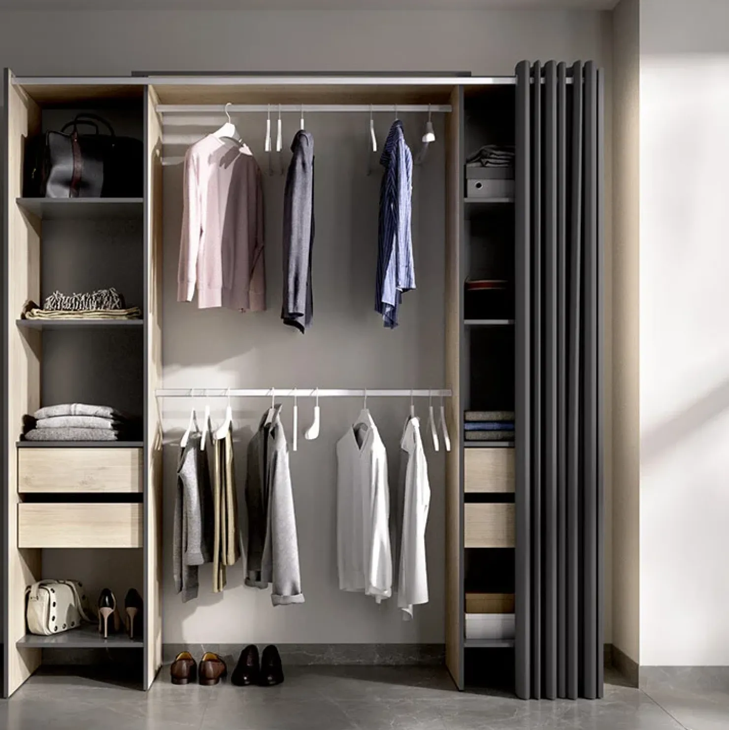 Garnero Arredamenti Cabina armadio 179x205h cm con cassetti moderno aperto rovere e grafite Loder Sale