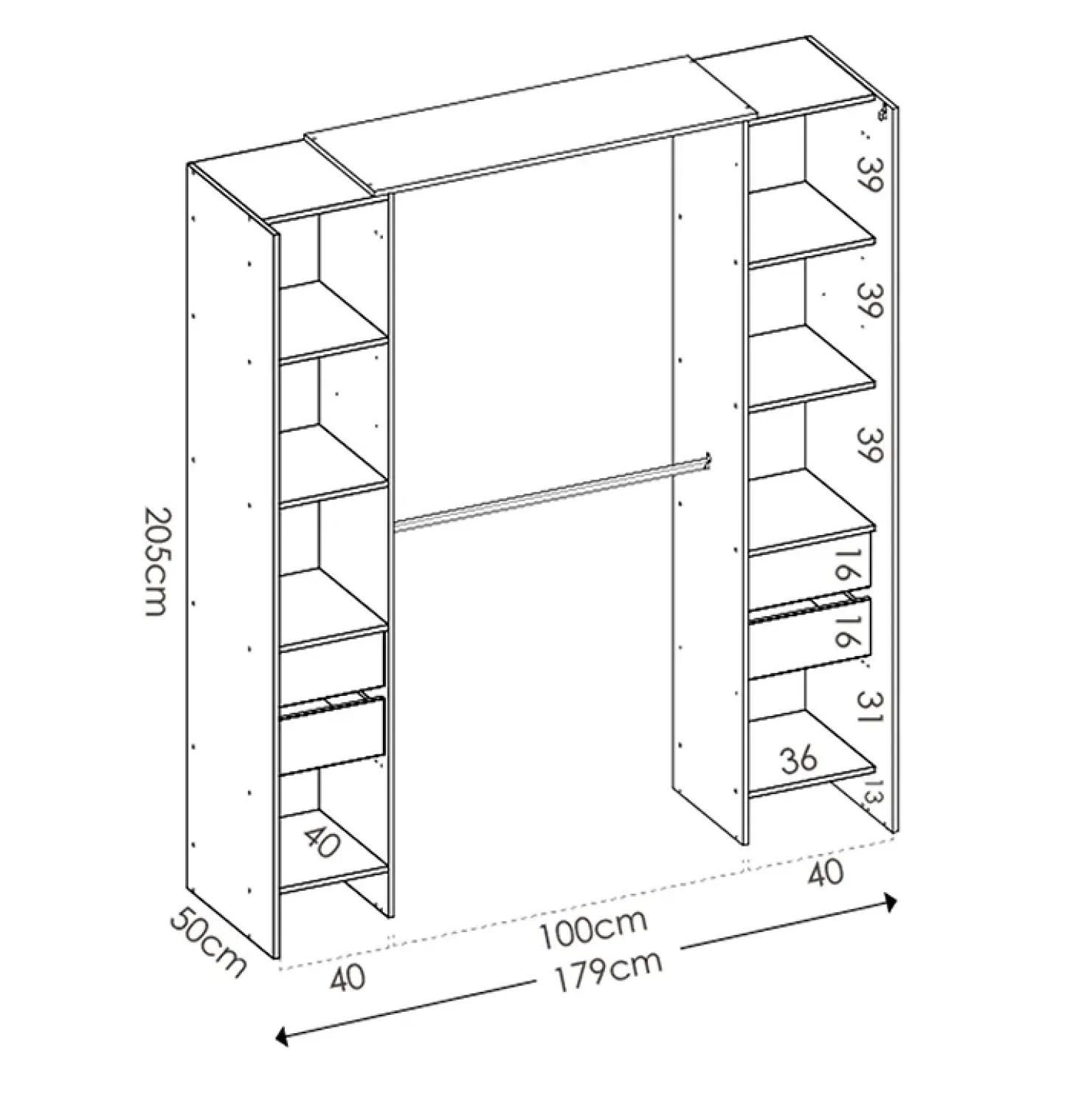 Garnero Arredamenti Cabina armadio 179x205h cm con cassetti moderno aperto rovere e grafite Loder Sale