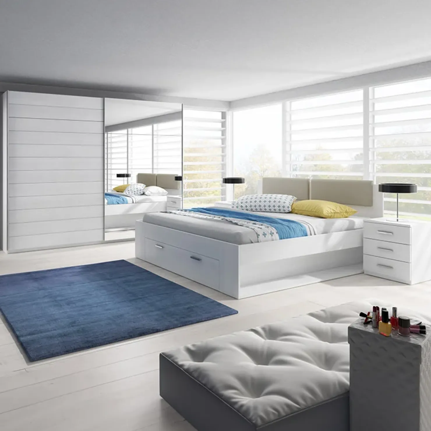 Garnero Arredamenti Camera completa con letto matrimoniale 160x200cm pino bianco beige Cortina Bianco Frassinato Discount