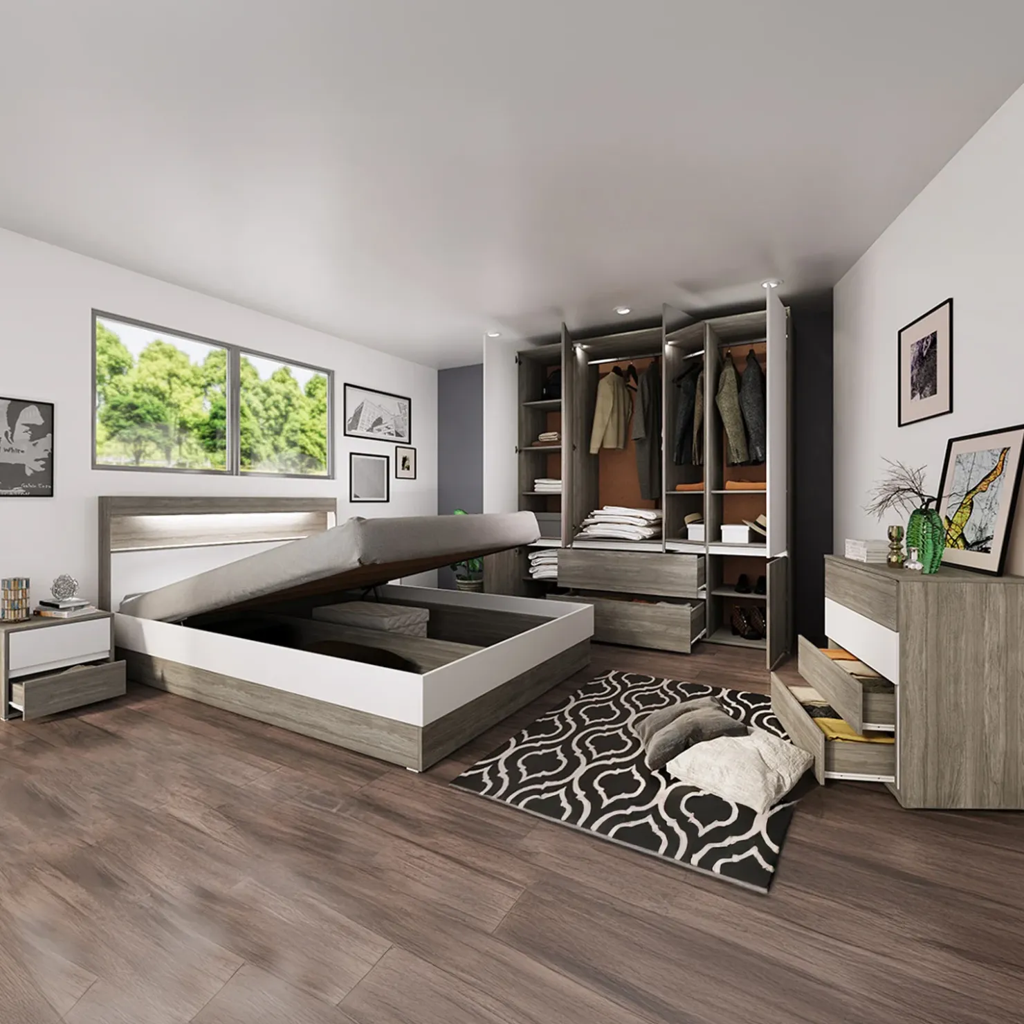 Garnero Arredamenti Camera da letto completa matrimoniale con LED rovere scuro bianco opaco Garonna Discount