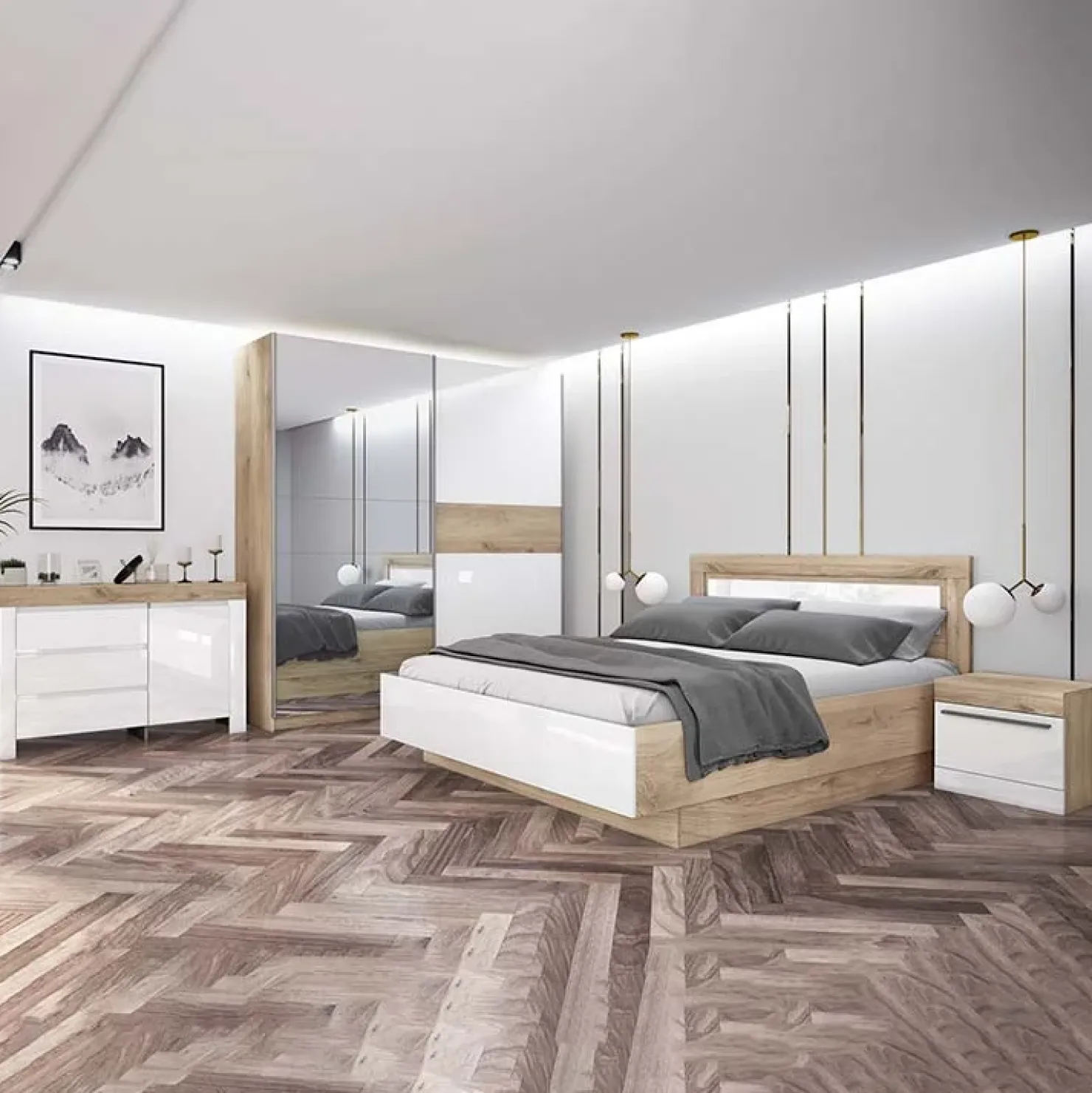 Garnero Arredamenti Camera da letto completa matrimoniale bianco lucido rovere sonoma Monaco Outlet