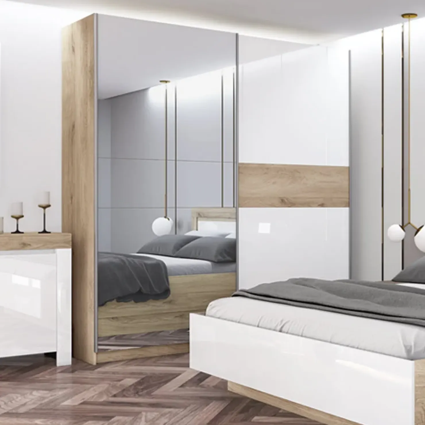 Garnero Arredamenti Camera da letto completa matrimoniale bianco lucido rovere sonoma Monaco Outlet