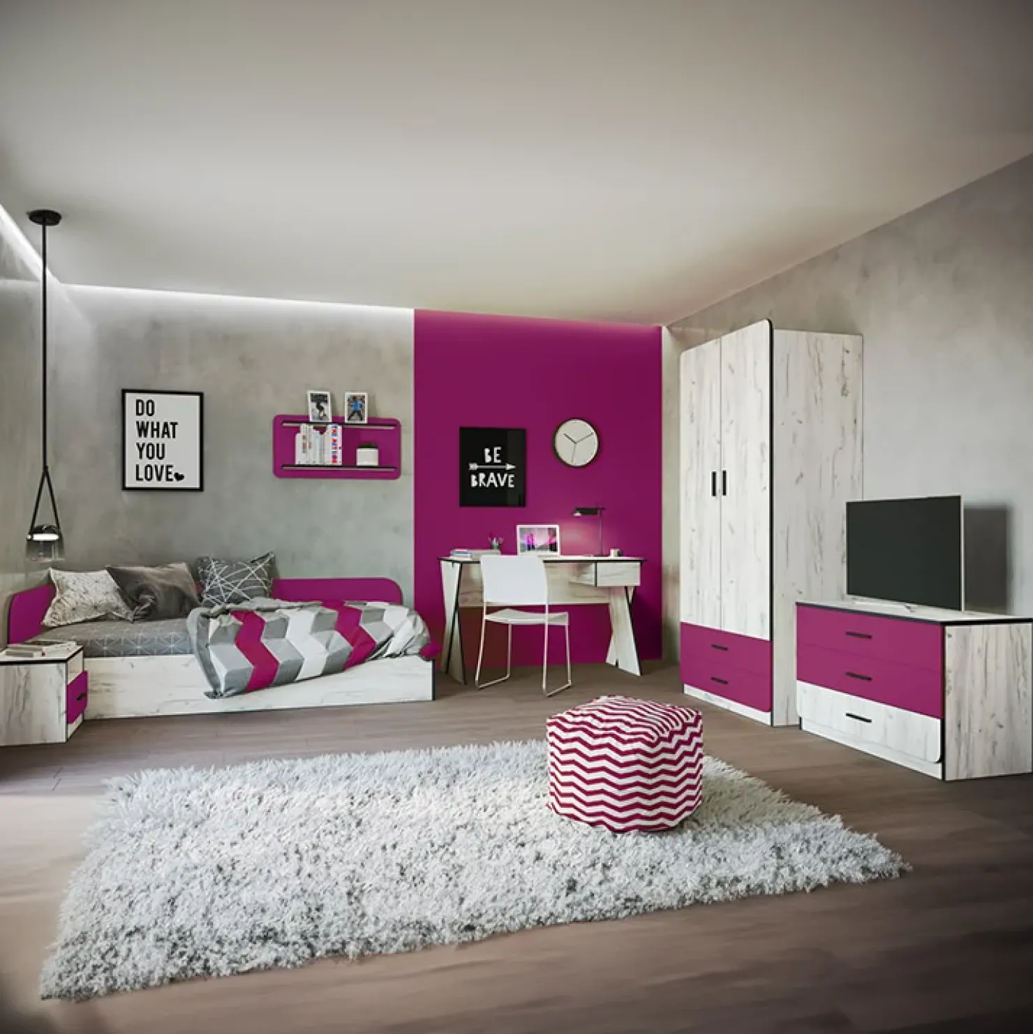 Garnero Arredamenti Cameretta 1 letto contenitore completa bambini pino bianco fucsia Ford