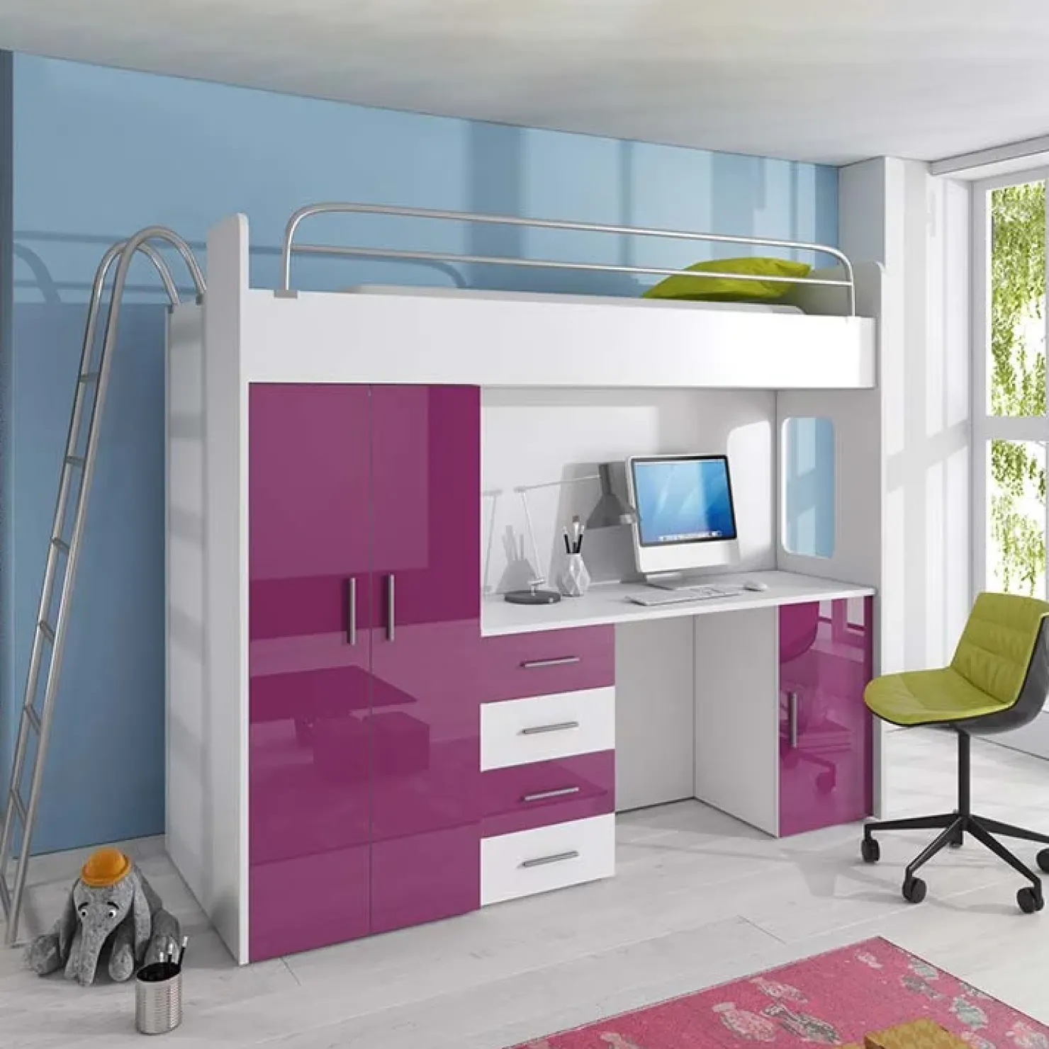 Garnero Arredamenti Cameretta a soppalco per bambini bianco viola lucido Luca Bianco Lucido - Viola Outlet