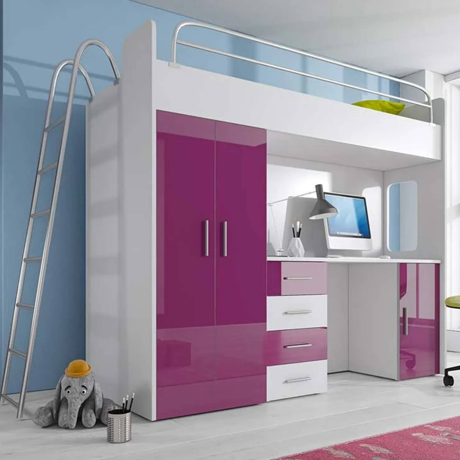Garnero Arredamenti Cameretta a soppalco per bambini bianco viola lucido Luca Bianco Lucido - Viola Outlet