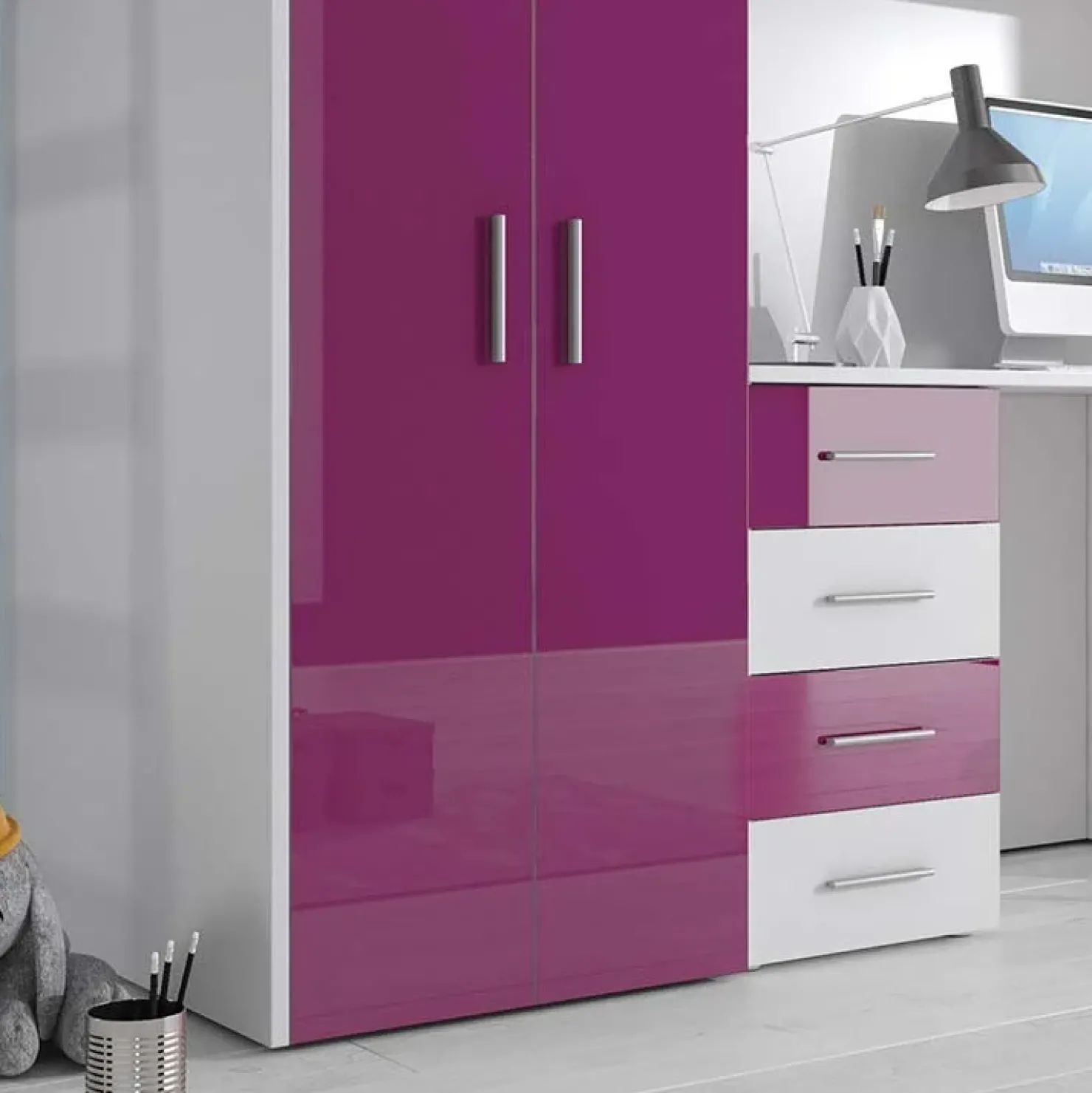 Garnero Arredamenti Cameretta a soppalco per bambini bianco viola lucido Luca Bianco Lucido - Viola Outlet