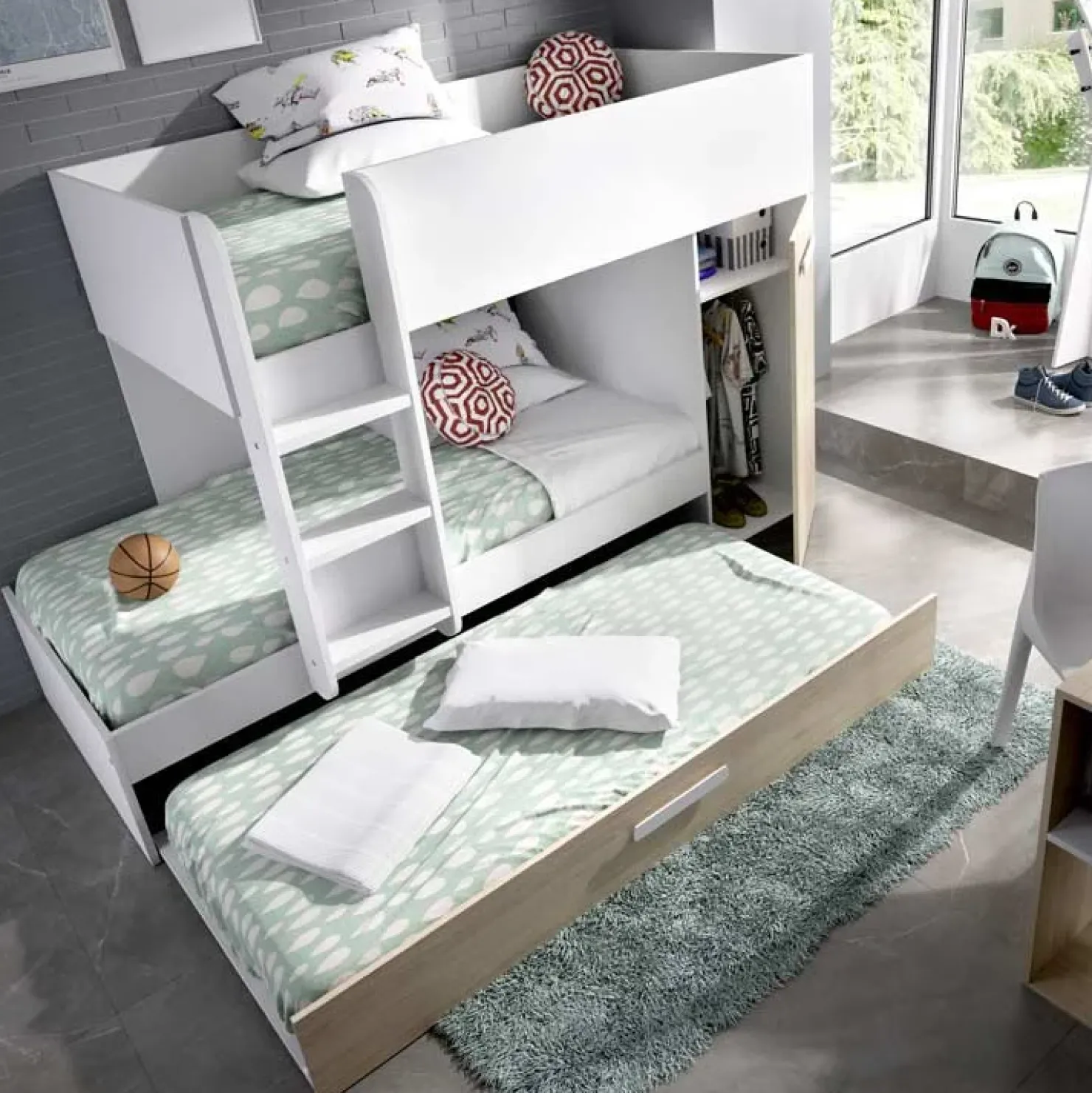 Garnero Arredamenti Cameretta bambini 244x150cm 3 letti soppalco reversibile rovere bianco Damian Bianco Opaco - Rovere Best