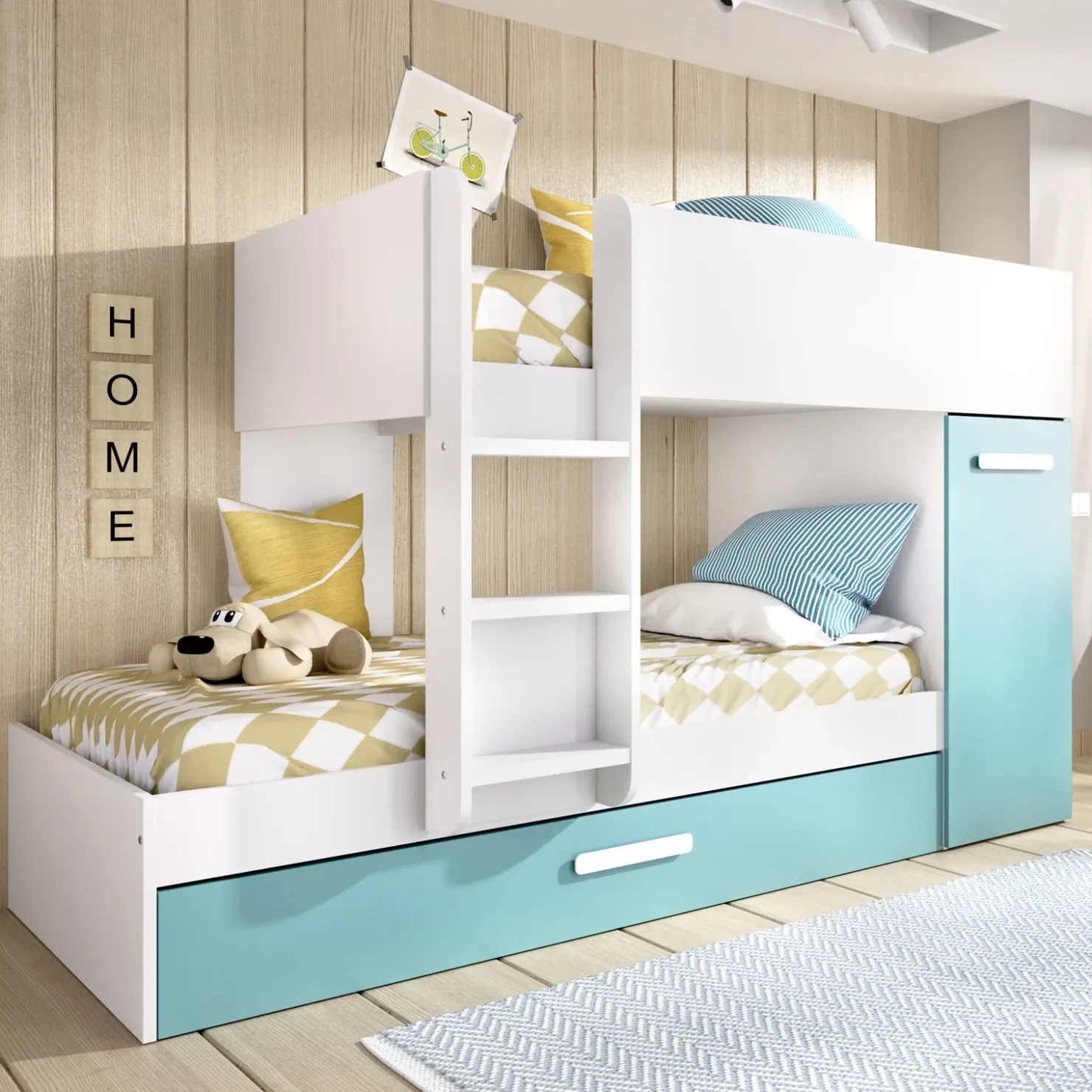 Garnero Arredamenti Cameretta bambini 244x150cm 3 letti soppalco reversibile bianco turchese Damian Bianco Opaco - Azzurro Clearance