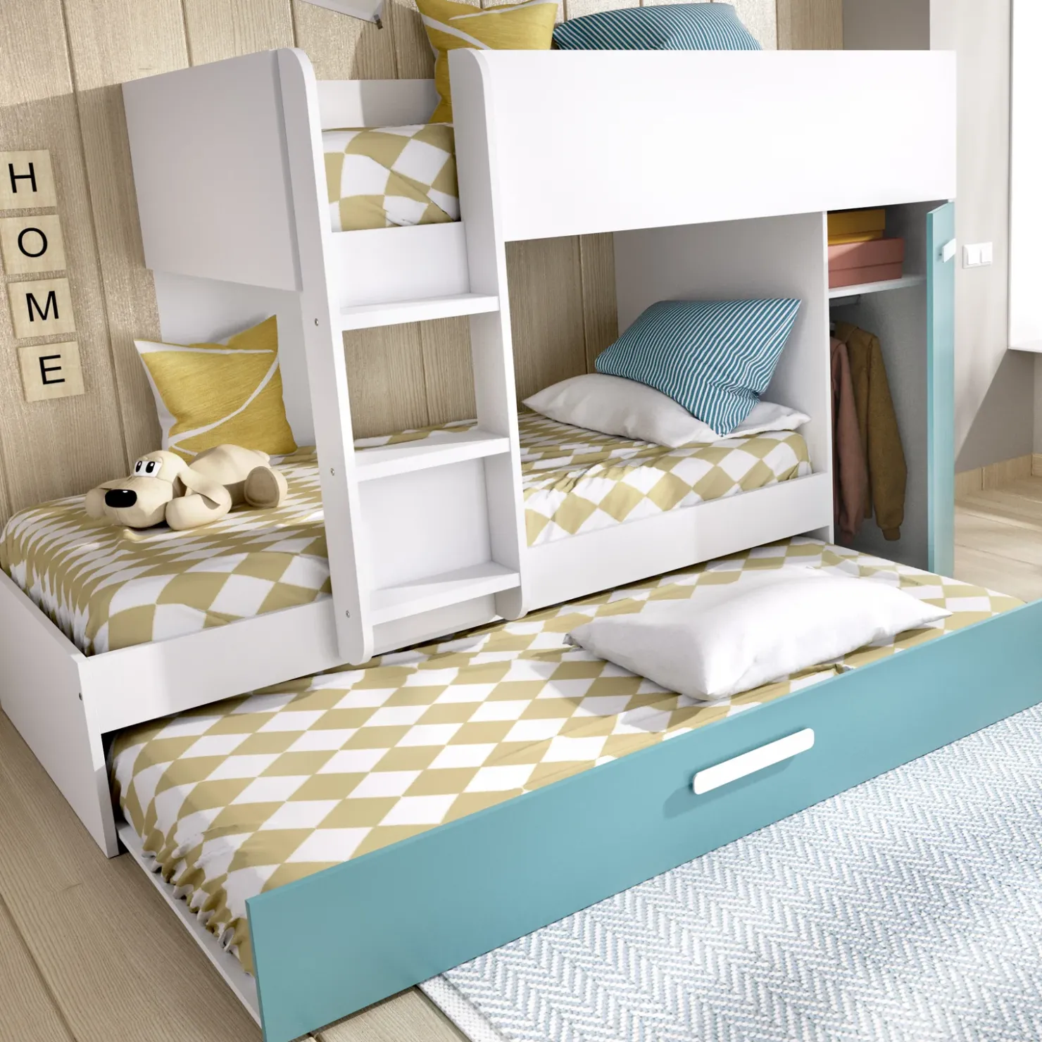 Garnero Arredamenti Cameretta bambini 244x150cm 3 letti soppalco reversibile bianco turchese Damian Bianco Opaco - Azzurro Clearance