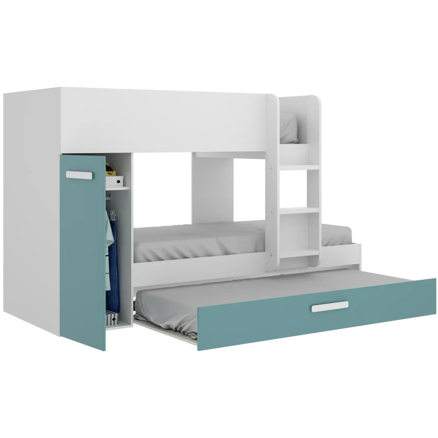 Garnero Arredamenti Cameretta bambini 244x150cm 3 letti soppalco reversibile bianco turchese Damian Bianco Opaco - Azzurro Clearance