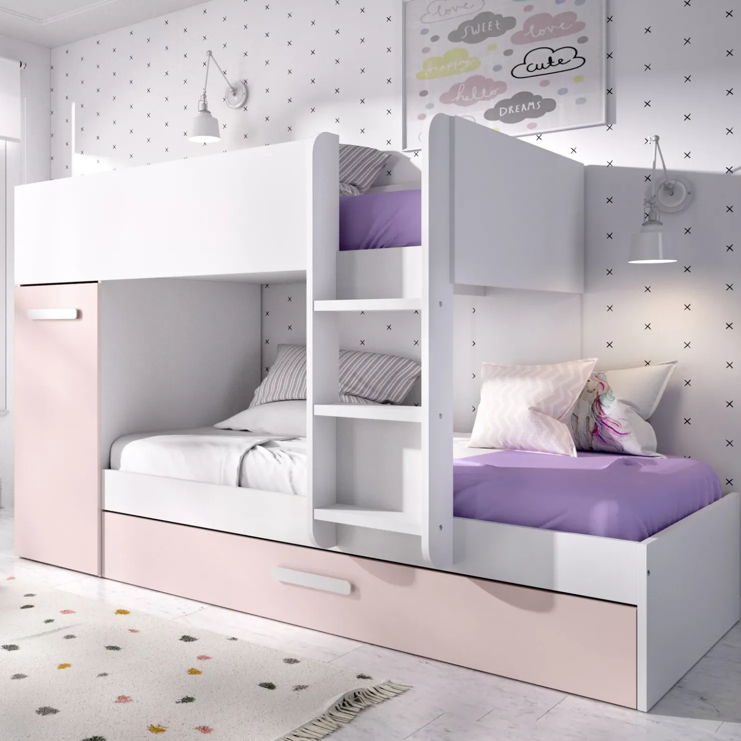 Garnero Arredamenti Cameretta bambini 244x150cm 3 letti soppalco reversibile bianco rosa Damian Bianco Opaco - Rosa New