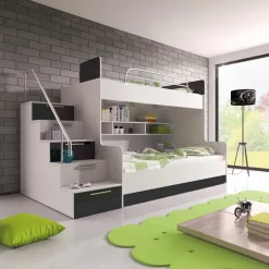 Garnero Arredamenti Cameretta con soppalco 2 letti singoli bianca nera Enrico Gihome® Bianco Lucido - Nero Lucido Online