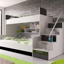 Garnero Arredamenti Cameretta con soppalco 2 letti singoli bianca nera Enrico Gihome® Bianco Lucido - Nero Lucido Online