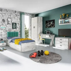 Garnero Arredamenti Cameretta per bambini 1 letto singolo contenitore bianco rustico turchese Zadar Bianco Frassinato - Azzurro Outlet